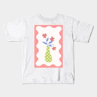 checkered lime green vase with pink flowers with squiggle frame Kids T-Shirt